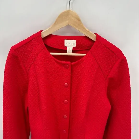 CHICO'S Red Quitled Textured Snap Closure Knit Jacket Blazer // L - Picture 2 of 13